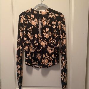 Free People Black and Orange Fitted Long Sleeve Blouse